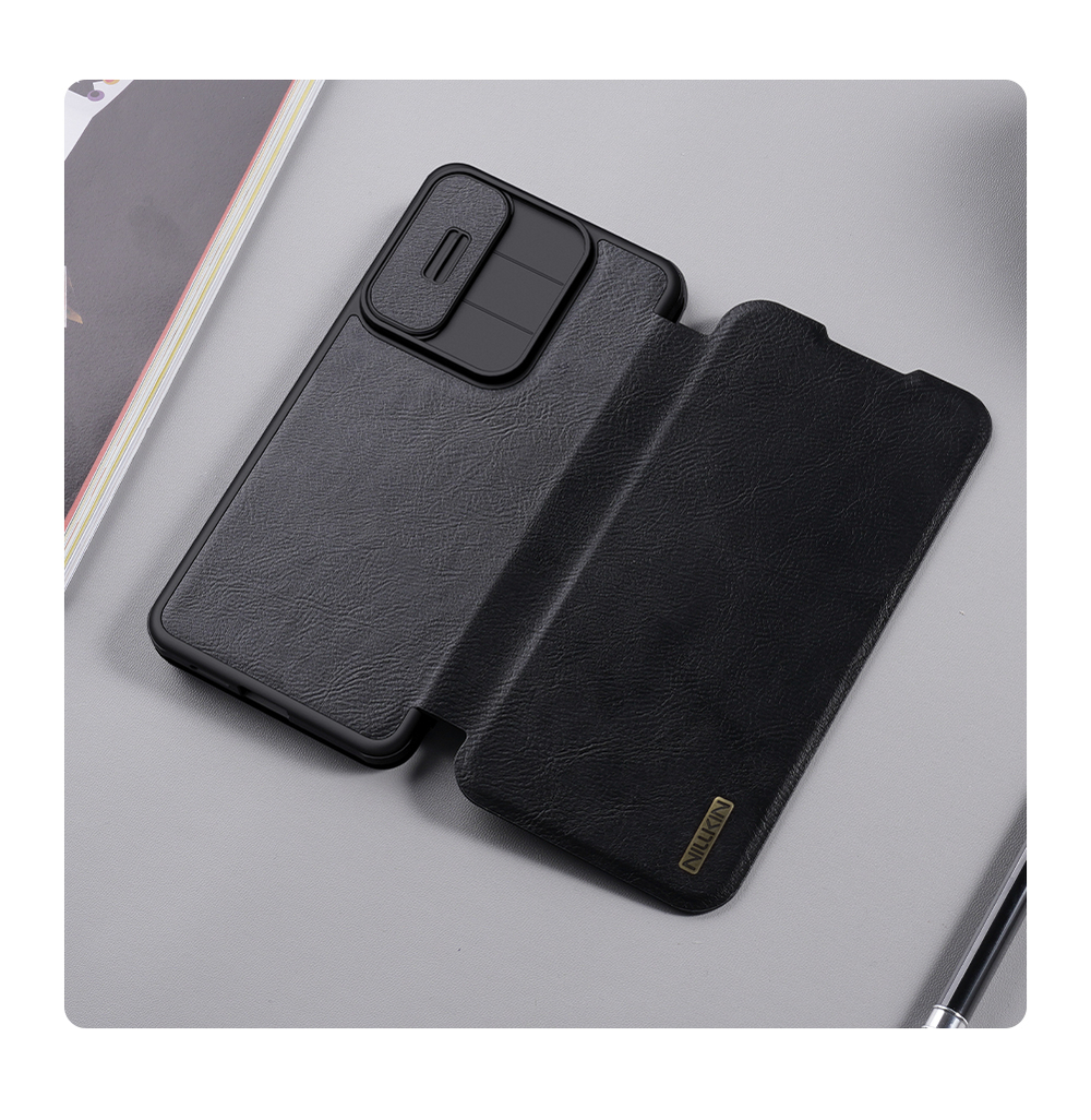 Кожаный чехол книжка от Nillkin для смартфона Samsung Galaxy S25 Edge, серия Qin Pro Leather с сдвижной защитной шторкой для камеры