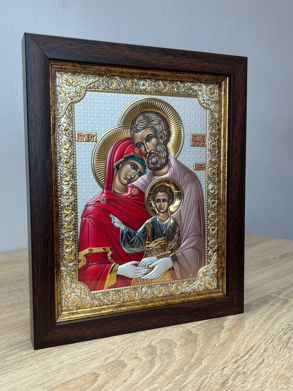 Святое Семейство, икона прямоугольная в рамке под стеклом, красный киот, эмаль 232х280