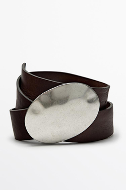 Massimo Dutti Ремень из кожи наппа с фактурной овальной пряжкой, коричневый