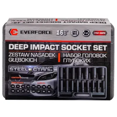 Головки ударные, набор 16пр., 1/2''(10-19, 21, 22, 24, 27, 30, 32мм, 6гр.) EVERFORCE EF-4167-5MPB