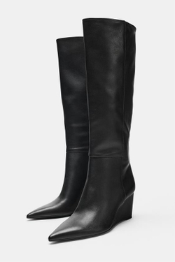ZARA КОЖАНЫЕ САПОГИ НА ТАНКЕТКЕ, ЧЕРНЫЙ