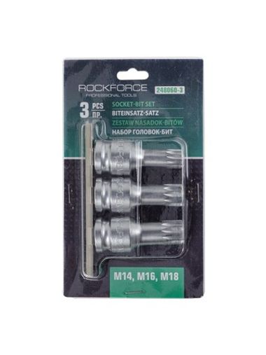 Набор Головок-бит SPLINE с отверстием 1/2'',3пр. (L-60мм,M14, M16, M18) RockForce##Rock FORCE RF-248060-3