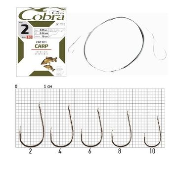 Крючки с поводком Cobra CARP №10, 10 шт. (поводок 70 см, 0,14 мм)