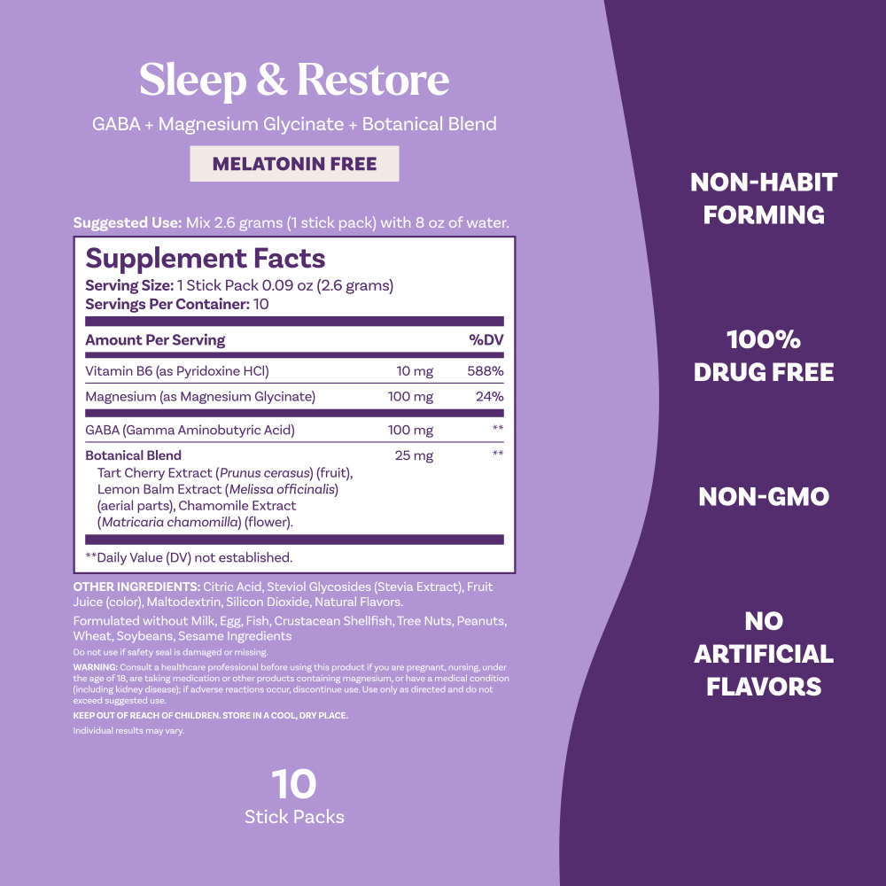 Natrol, Sleep & Restore, успокаивающая смесь для напитков, без мелатонина, лимон и ромашка, 10 пакетиков по 2,6 г (0,09 унции)