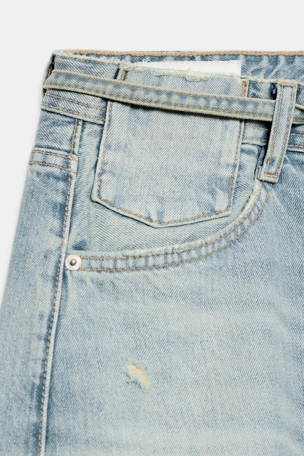 ZARA ДЖИНСЫ TRF BAGGY СО СРЕДНЕЙ ПОСАДКОЙ, ПОЯСОМ И РАЗРЕЗАМИ, ГОЛУБОЙ