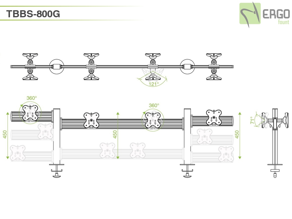 ErgoFount TBBS-800G Настольное крепление back-to-back для 8 мониторов диагональю до 24'' конфигурации 1х4 со струбциной к столу типа "G". Цвет - серебристый
