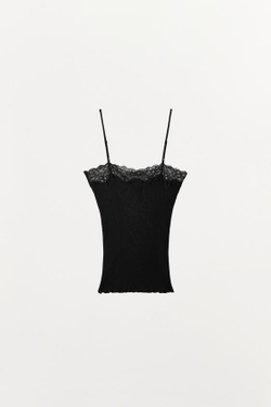 ZARA ТОП В РУБЧИК С КРУЖЕВОМ, ЧЕРНЫЙ
