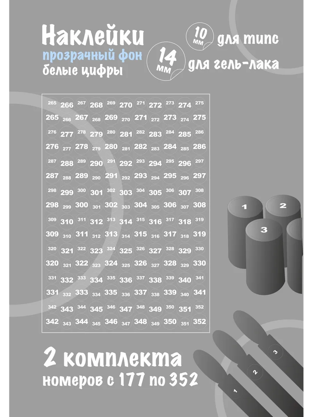 Наклейки прозрачные с номерами от 177 до 352, белые цифры