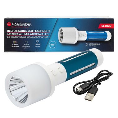 Фонарь ручной аккумуляторный (бел.LED 3Вт,желт.SMD 1Вт,красн.SMD 0.5Вт, 5 режимов работы, аккум. 1200мАч, 120Лм, время работы 3-4ч, время зар. 4-5ч) Forsage F-EL1030