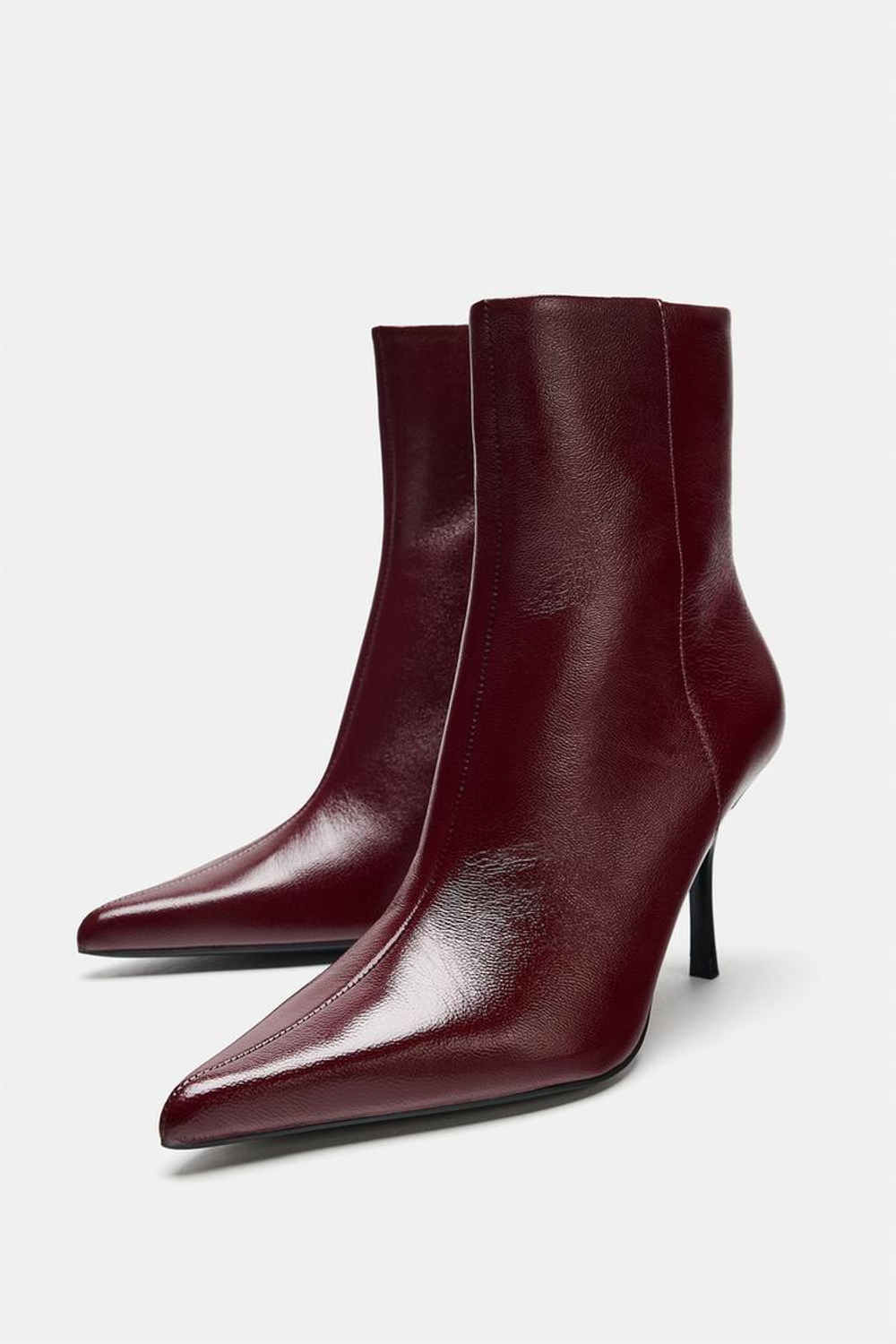 ZARA КОЖАНЫЕ БОТИЛЬОНЫ НА ВЫСОКОМ КАБЛУКЕ, БОРДОВО-КРАСНЫЙ
