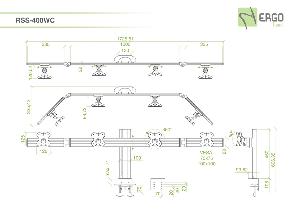 ErgoFount RSS-400WC Настольное крепление для 4 мониторов диагональю до 24'' конфигурации 1х4и зажимом к столу типа "С". Цвет - серебристый