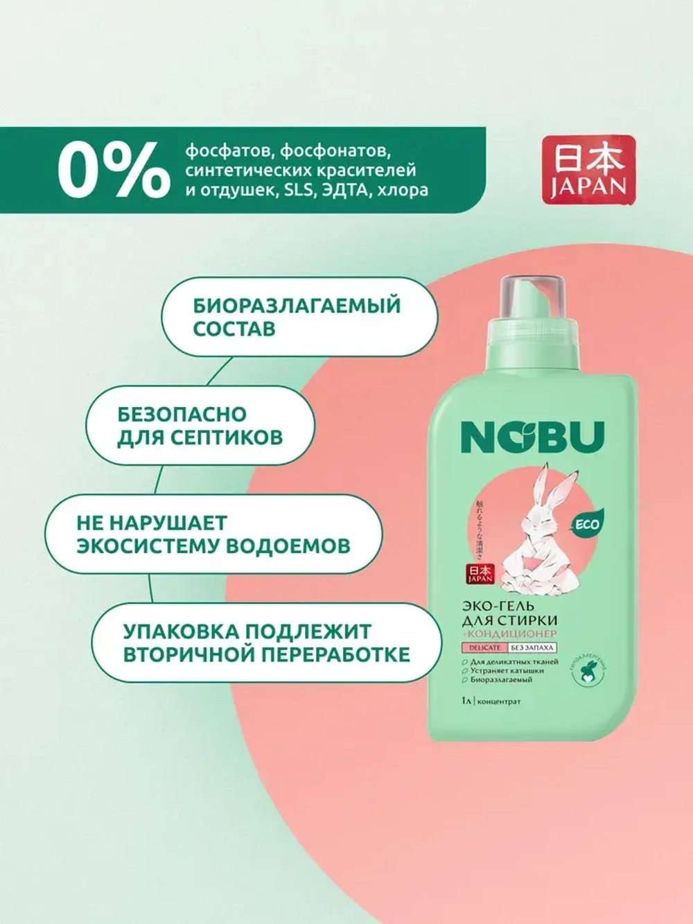 Гель для стирки деликатных тканей + кондиционер Nobu 2в1 Delicate 1л