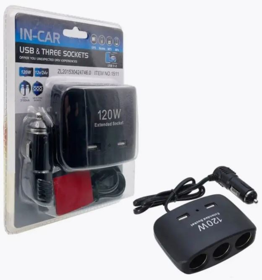 Разветвитель прикуривателя 3гнезда + 2USB+ провод Olesson NO-1511 #RV-011