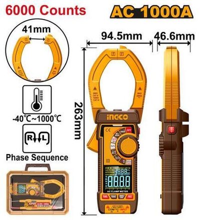 Токоизмерительные цифровые клещи AC 1000A INGCO DCM610001 INDUSTRIAL