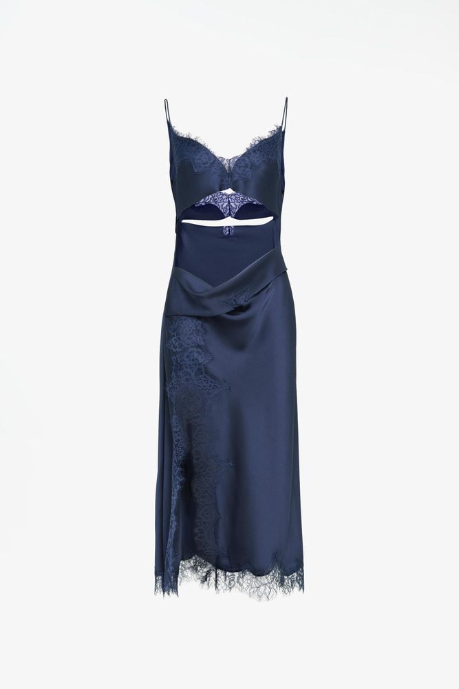 ZARA X JOHN GALLIANO АТЛАСНОЕ ПЛАТЬЕ С КРУЖЕВНЫМИ ВСТАВКАМИ LIMITED EDITION, СИНИЙ/ИНДИГО