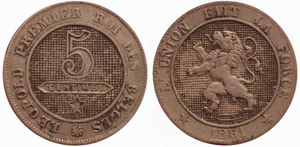 Бельгия 5 сантимов, 1861 Лев VF