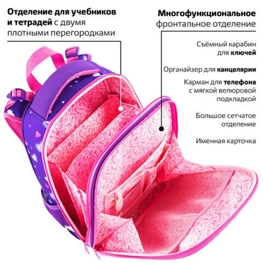 Ранец BRAUBERG PREMIUM, 2 отделения, с брелком, "Shining girl", 38х29х16 см, 270592