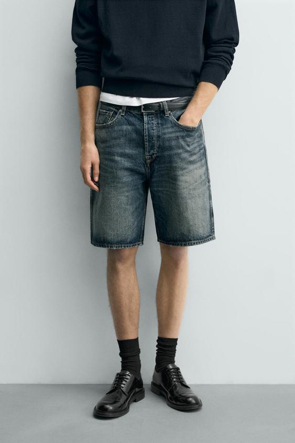 ZARA ДЖИНСОВЫЕ БЕРМУДЫ STRAIGHT FIT, ЗЕЛЕНОВАТО-СИНИЙ