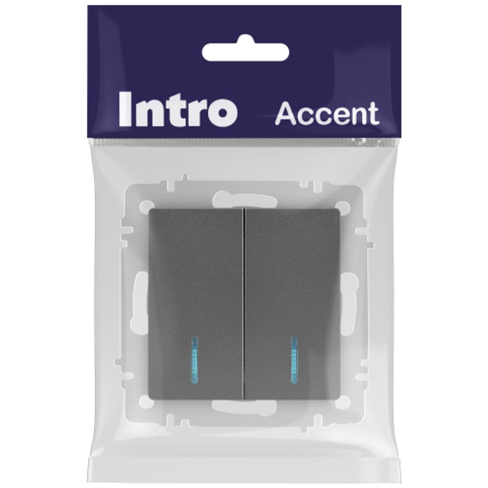 Выключатель Intro Accent 6-105-07 двойной с подсветкой, 10А-250В, IP20, СУ, AL/CU, графит | Intro