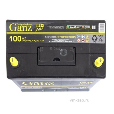 Аккумулятор GANZ ASIA EFB 100 А/ч обратный R+ 306x175x225 D31 EN 780 А