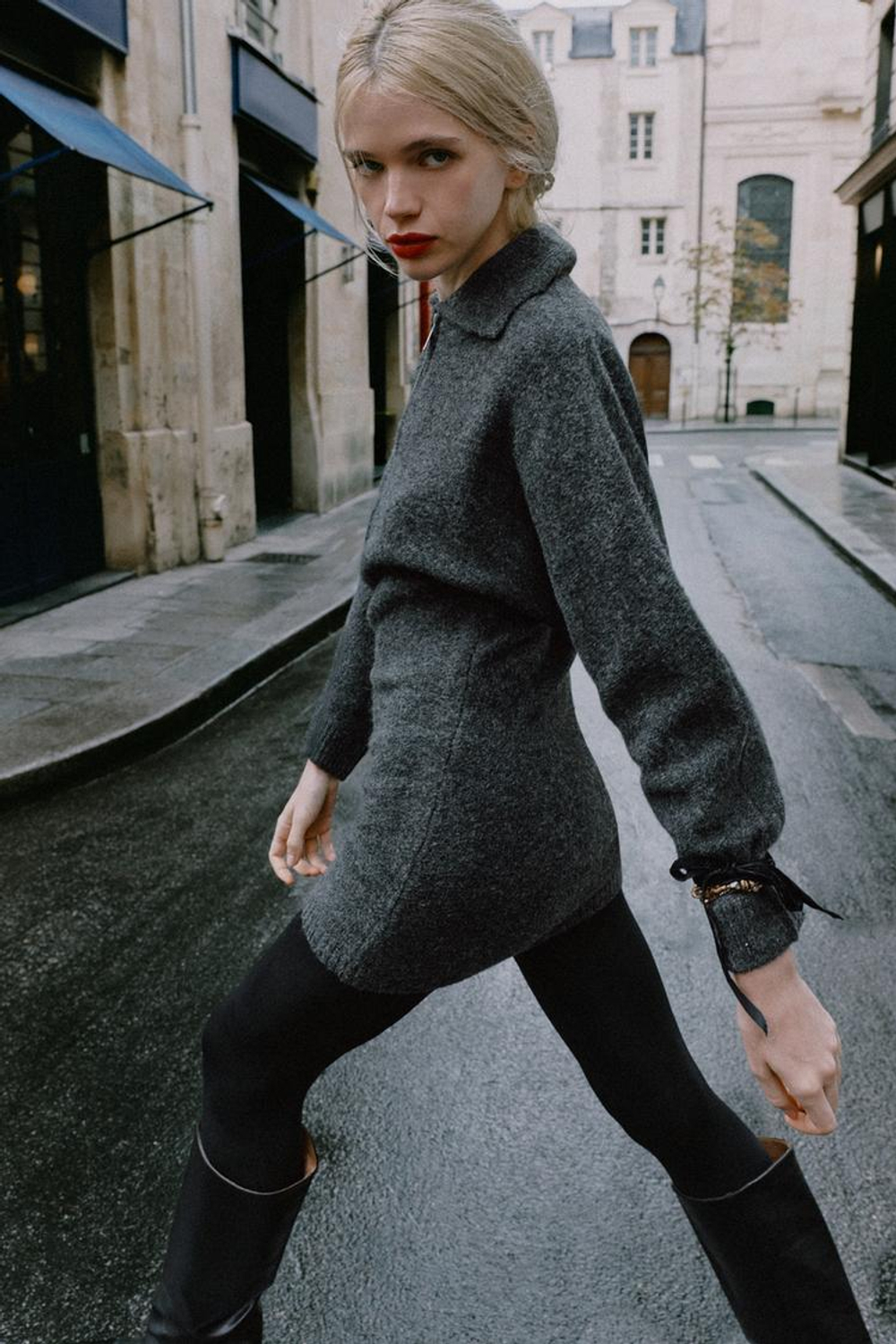 ZARA КОРОТКОЕ ТРИКОТАЖНОЕ ПЛАТЬЕ, ТЕМНО-СЕРЫЙ