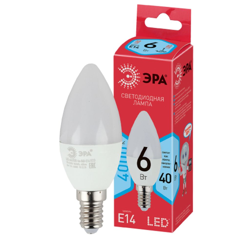Лампа светодиодная ЭРА RED LINE ECO LED B35-6W-840-E14 6Вт свеча нейтральный белый свет Е14 | Лампы cветодиодные Свеча (B/C)