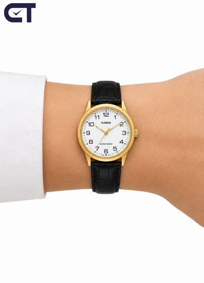 Casio MTP-V001GL-7B Standard часы наручные мужские — белый циферблат, золотистый корпус и кожаный ремешок
