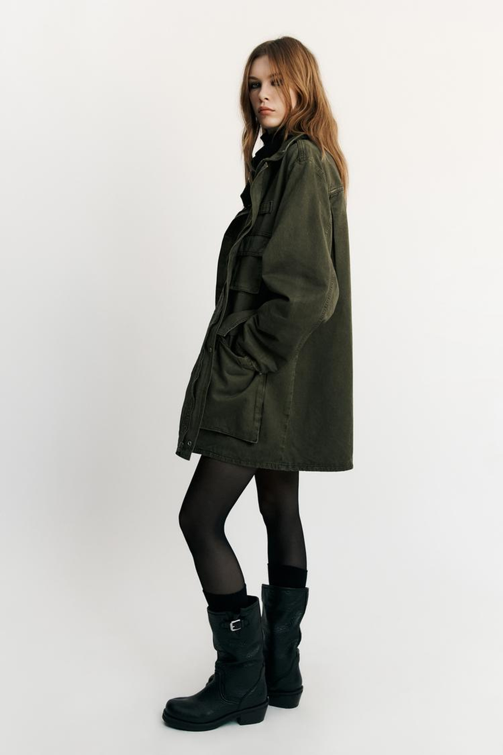 ZARA КУРТКА С ВОРОТНИКОМ-СТОЙКОЙ И КАРМАНАМИ, ТЕМНЫЙ ХАКИ