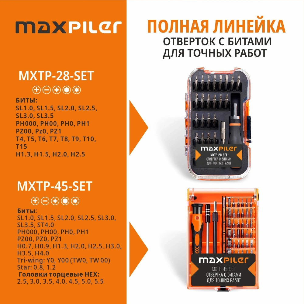 Набор бит для точных работ с рукояткой MAXPILER MXTP-28-SET (28 шт, адаптер, кейс)