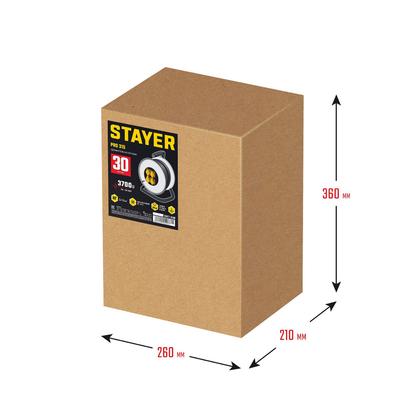 STAYER PRO-315, КГ, 3 x 1.5 мм2, 30 м, 3700 Вт, IP44, силовой удлинитель на стальной катушке (55077-30)