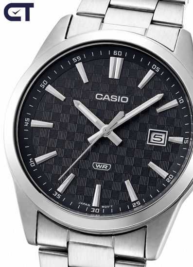 Casio MTP-VD03D-1A General часы наручные мужские — фактурный чёрный циферблат, дата и стальной браслет