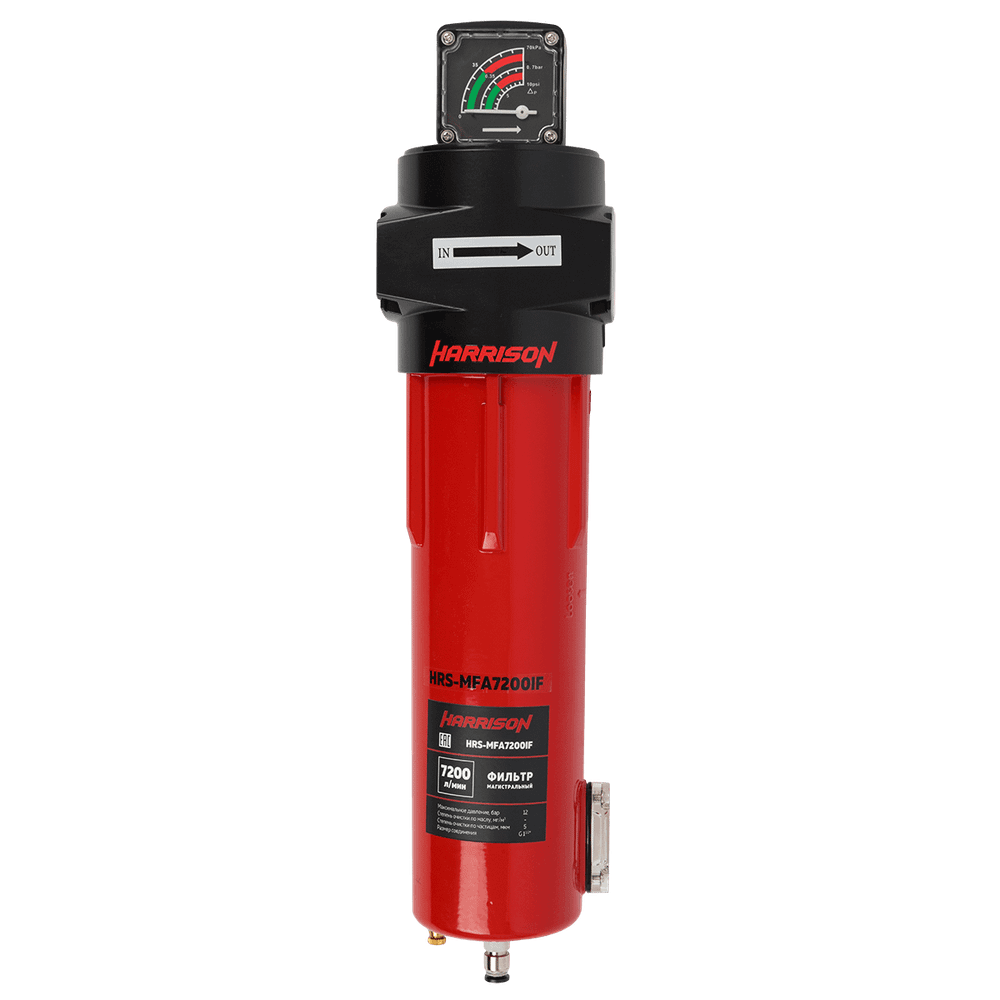 HRS-MFB7200IF Фильтр магистральный 1 мкм с дифференциальным манометром, 7200 л/мин, 12 бар, G 1 1/2", остаточное содержание масла: 0,6 мг/м3