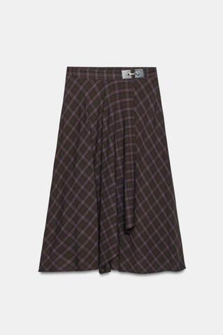 ZARA ЮБКА МИДИ В КЛЕТКУ С ДЕКОРОМ, КОРИЧНЕВЫЙ