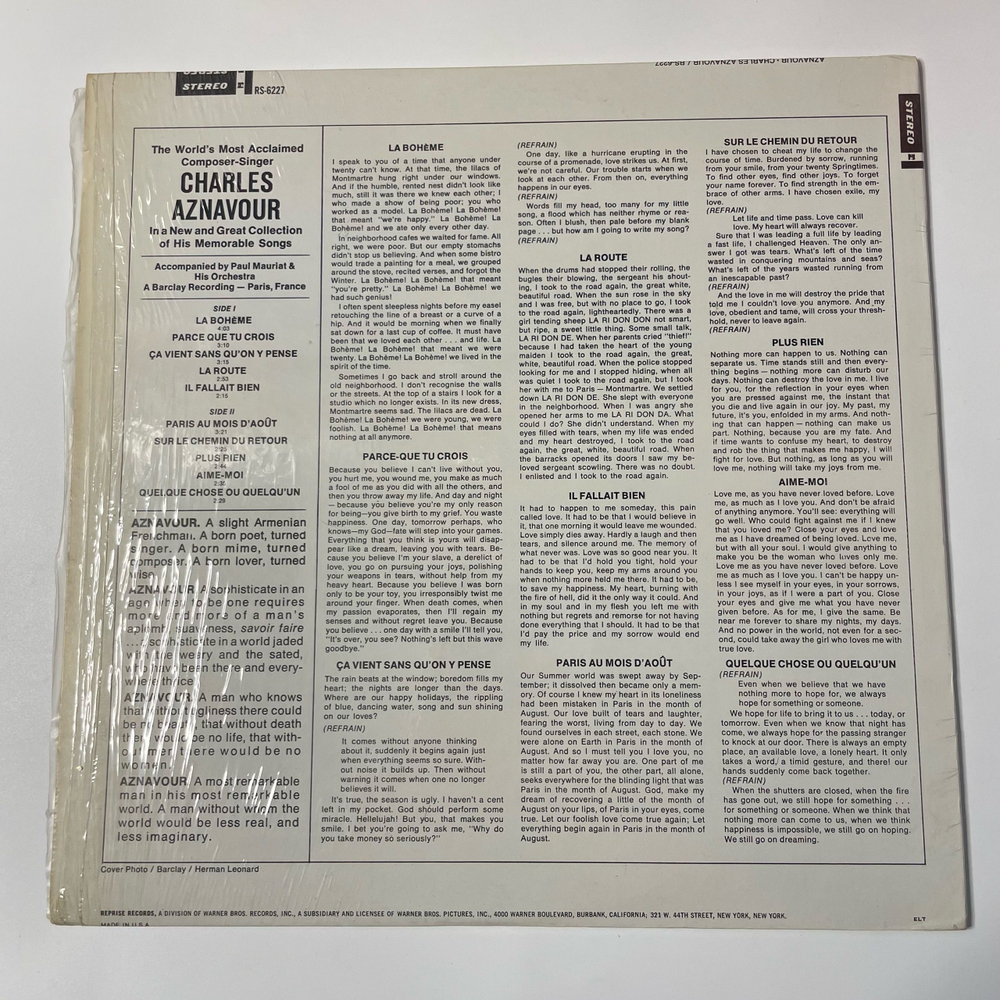 Винтажная виниловая пластинка LP Charles Aznavour, Шарль Азнавур, Aznavour (США 1966)
