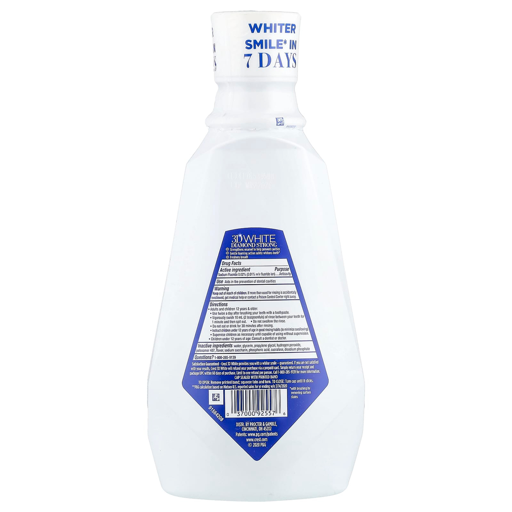 Crest, 3D White ™, Diamond Strong, жидкость для полоскания рта с фтором от кариеса, без спирта, зимняя мята, 946 мл (32 жидк. Унции)