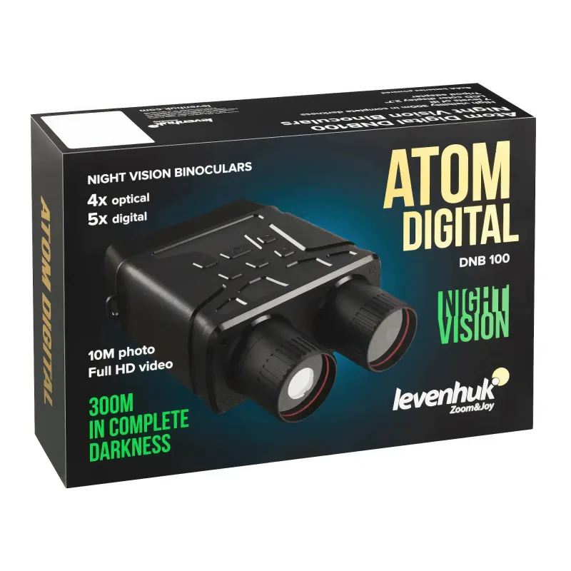 Бинокль ночного видения Levenhuk Atom Digital DNB100 — коробка крупный план