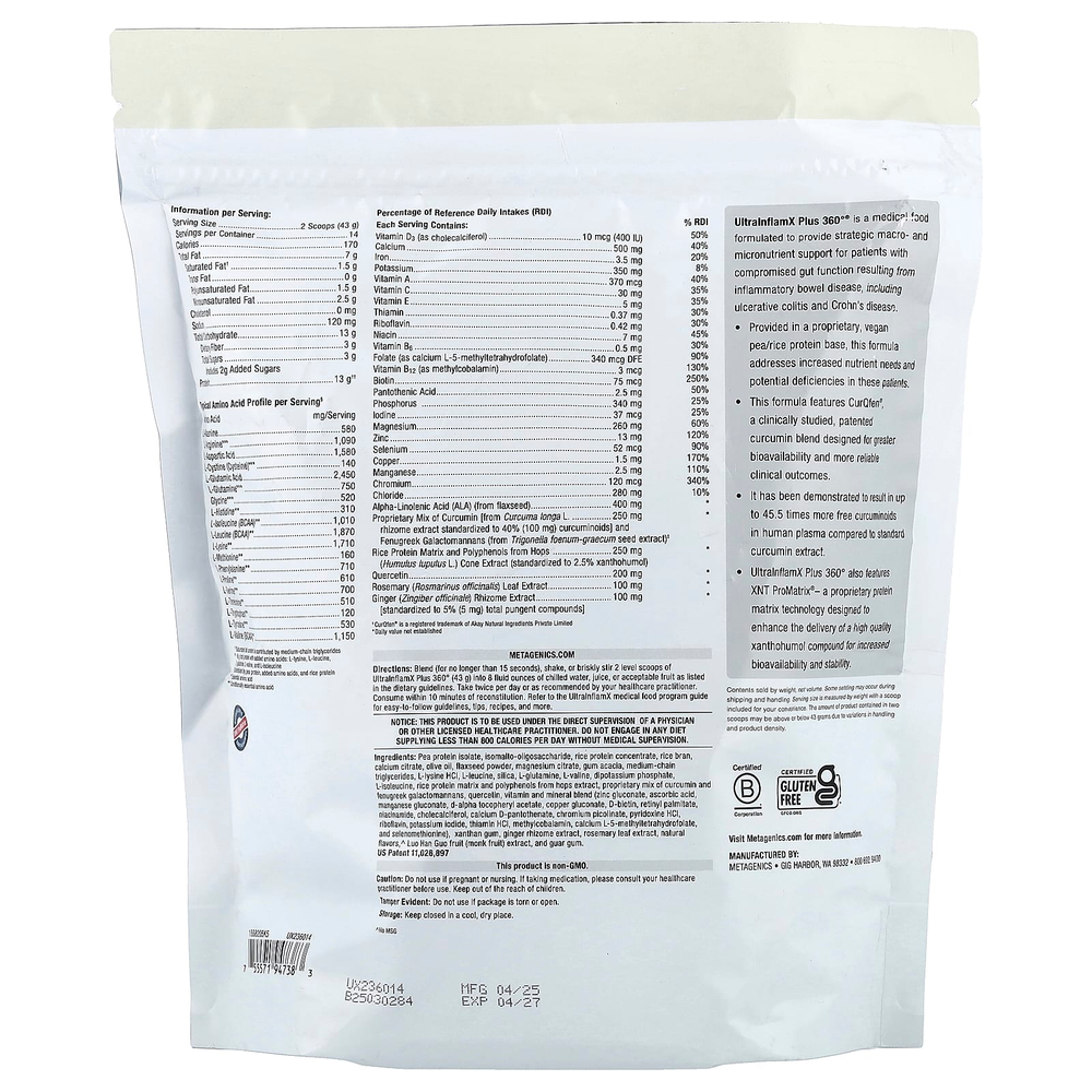 Metagenics, UltralnflamX Plus 360°®, Medical Food, оригинальные специи, 602 г (21,23 унции)