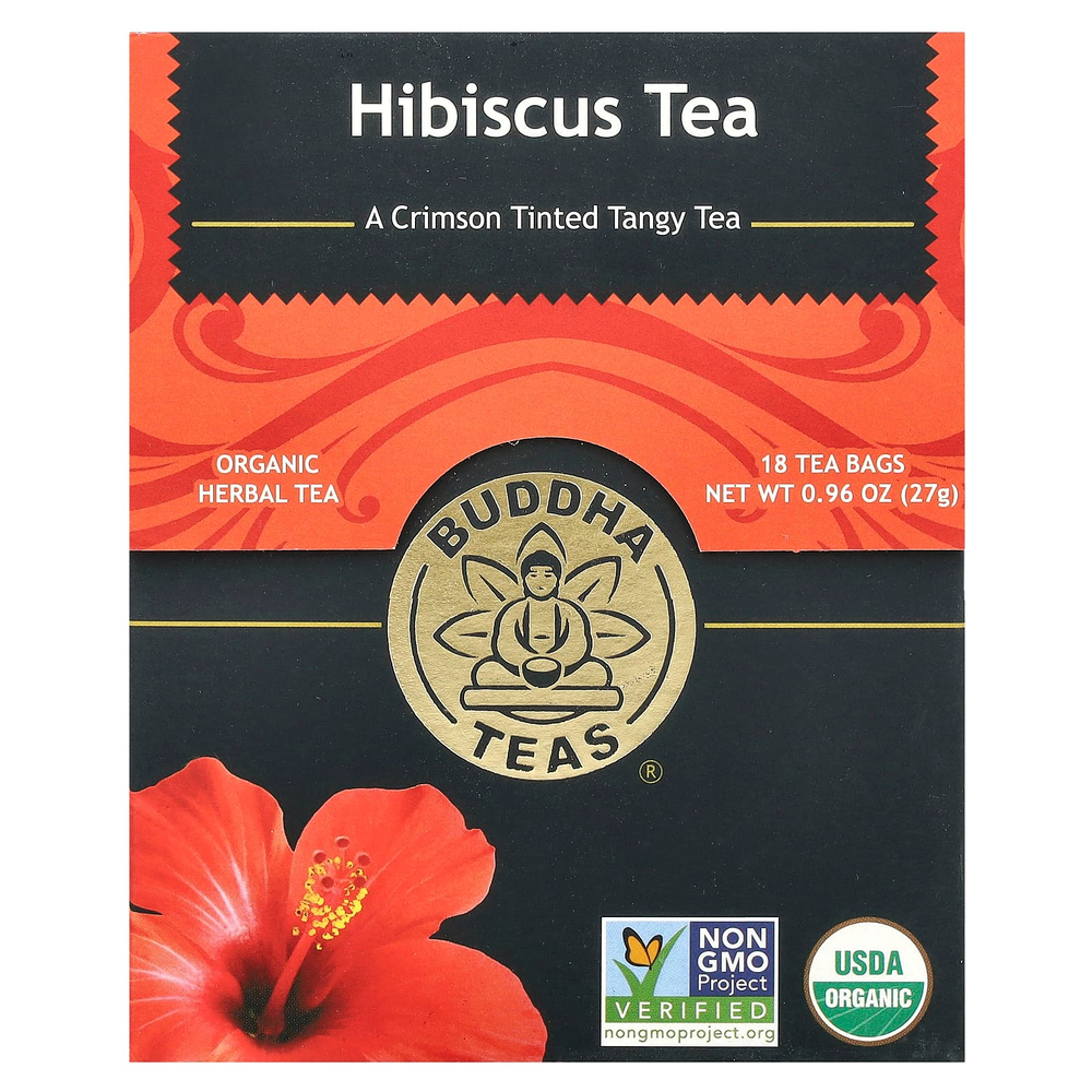 Buddha Teas, органический травяной чай, гибискус, без кофеина, 18 чайных пакетиков, 27 г (0,96 унции)
