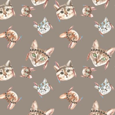 Коты акварельные, коричневый фон