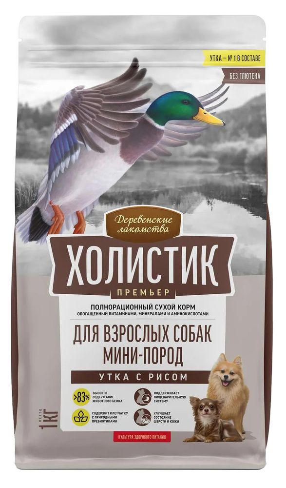 Деревенские лакомства 3кг Сухой корм для собак мелких пород, Утка рис