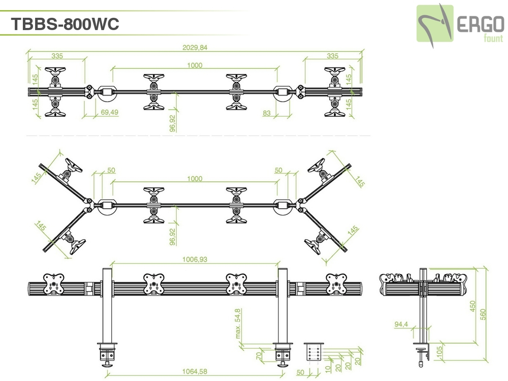 ErgoFount TBBS-800WC Настольное крепление back-to-back для 8 мониторов диагональю до 24'' конфигурации 1х4 с зажимом к столу типа "С". Цвет - серебристый
