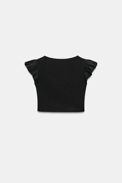 ZARA ФУТБОЛКА С КОРОТКИМИ РУКАВАМИ И ВОЛАНАМИ, ЧЕРНЫЙ