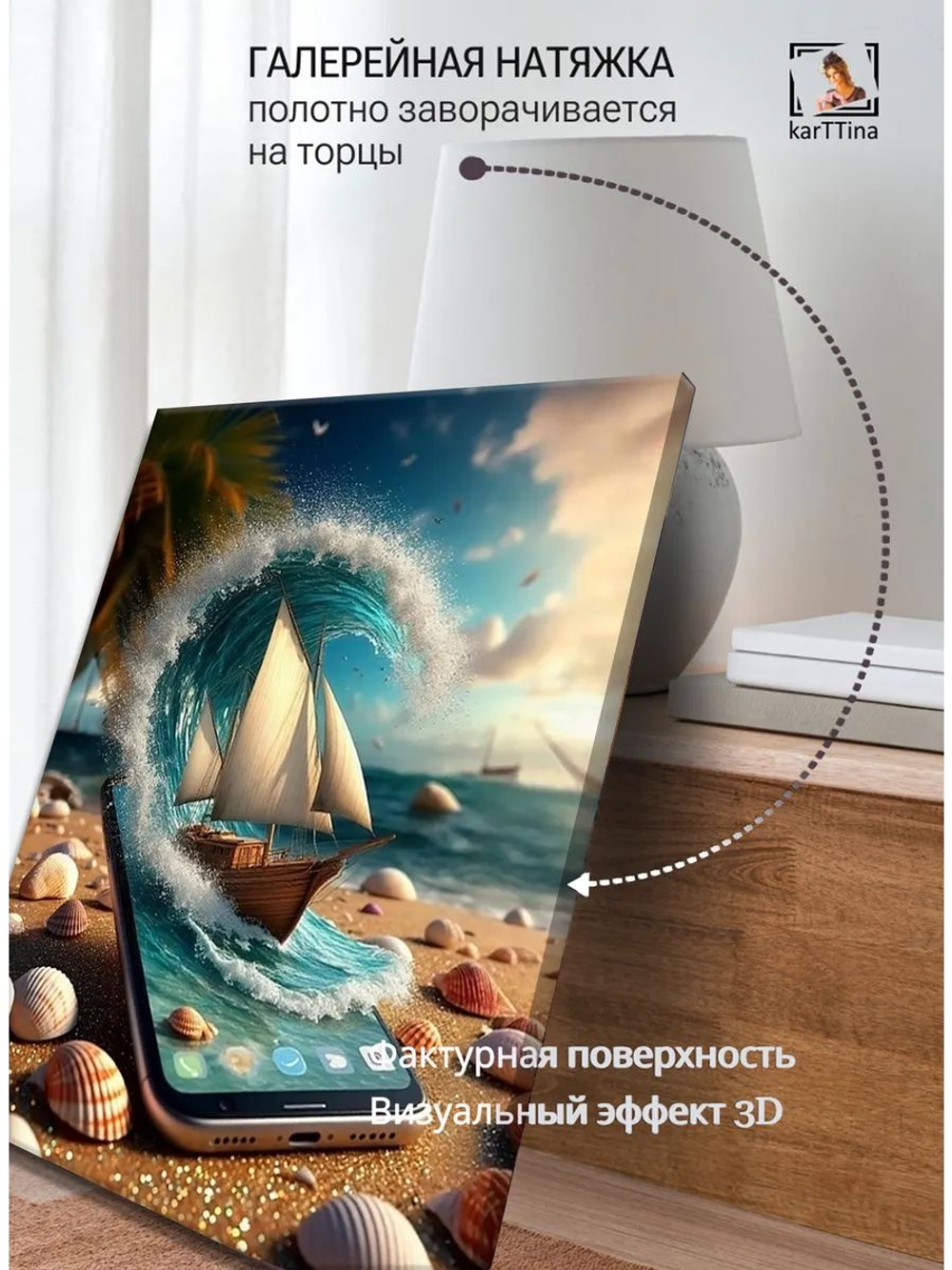 Картина "Паруса волн", на стену 50х70см 1шт., на деревянном подрамнике