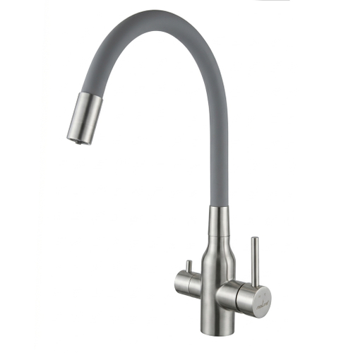 Смеситель для кухни 35k MIXLINE МЛНС-0403 (MLSS-0403) серый гиб.излив,подкл.к фильтру, п/гайку САТИН