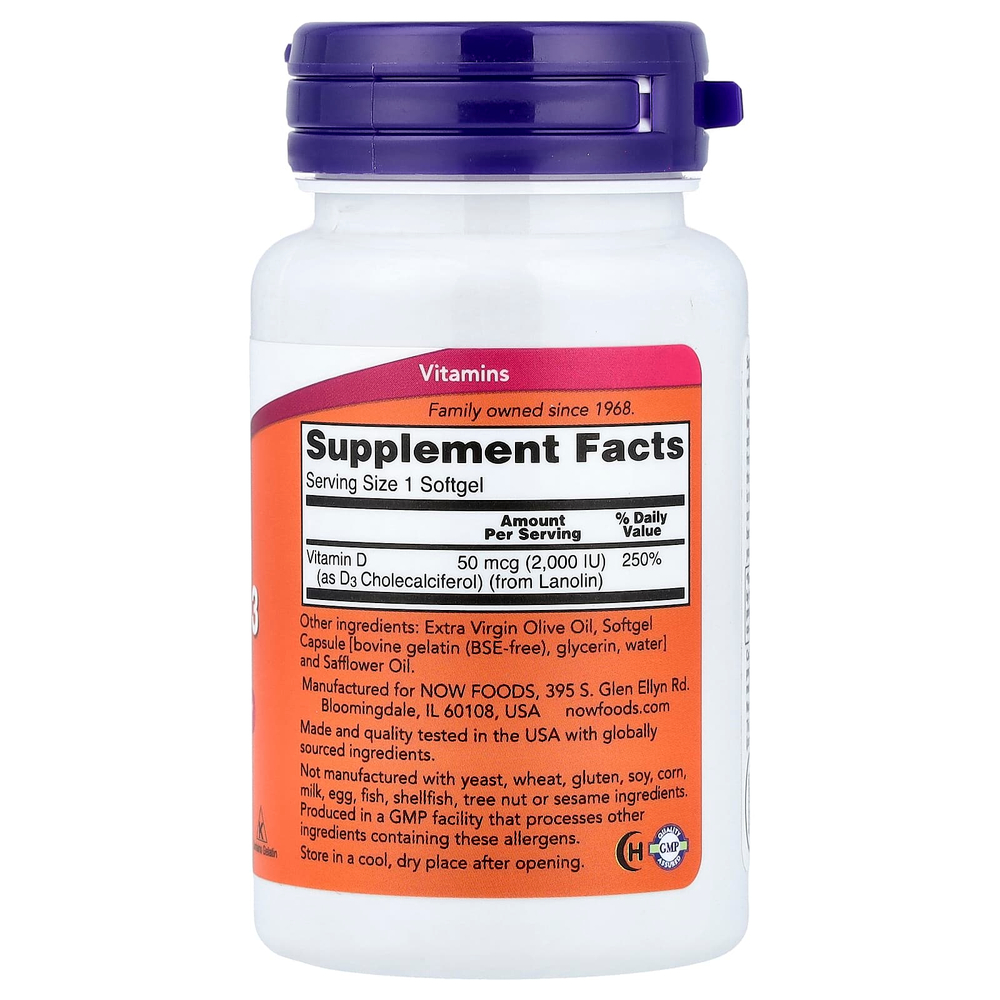 NOW Foods, витамин D3, 2000 МЕ, 120 капсул