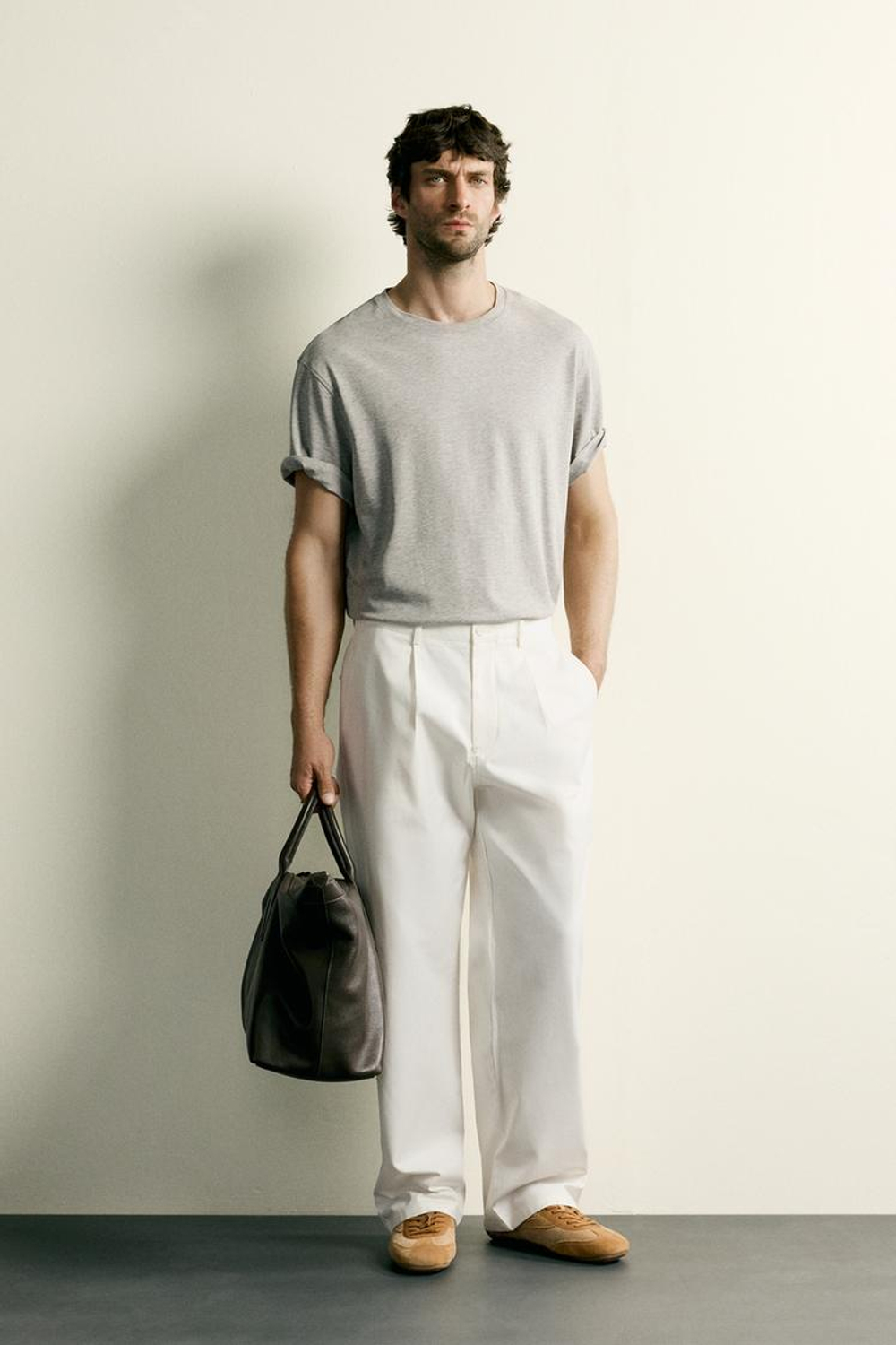 ZARA БРЮКИ STRAIGHT FIT СО СКЛАДКАМИ, ЖЕЛТОВАТО-БЕЛЫЙ