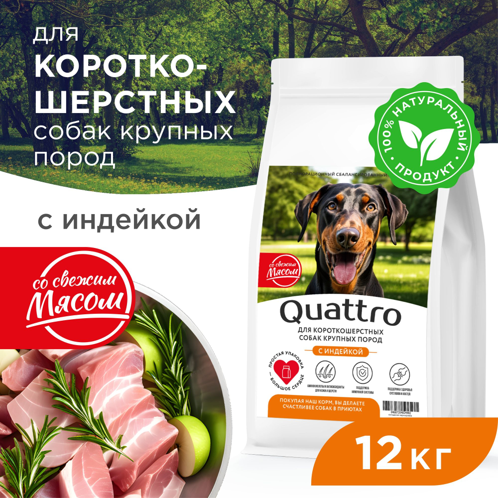 Корм сухой для взрослых собак крупных пород, премиум полнорационный комплекс, для короткошерстных собак, с индейкой, 12 кг, QUATTRO