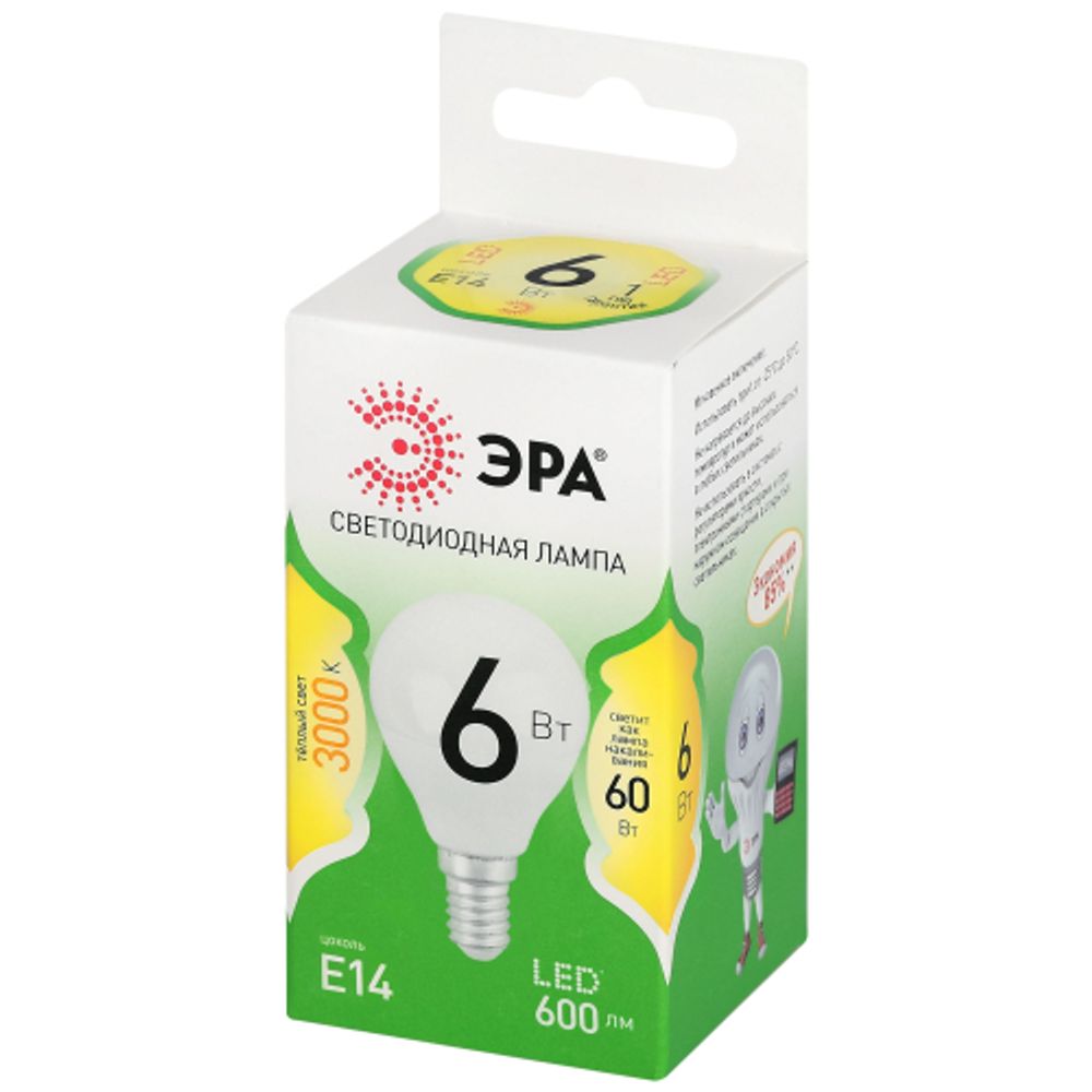 Лампа светодиодная ЭРА GREEN LINE LED P45-6W-830-E14 GL 6Вт шар теплый свет E14 | Лампы cветодиодные Шар (G/P)