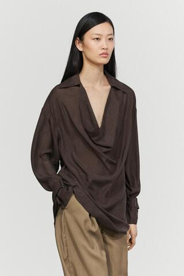 Massimo Dutti Струящаяся рубашка из 100% шелка с драпированным вырезом, коричневый