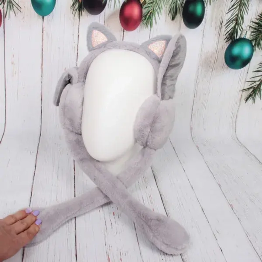 Наушники меховые с двигающимися ушками «Salon Teplo», кошечка, цвет серый топаз, ( подвес Ultramarine)